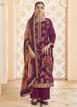 Purple Dola Silk Jacquard Embroidered Sequins Straight Pant Suit