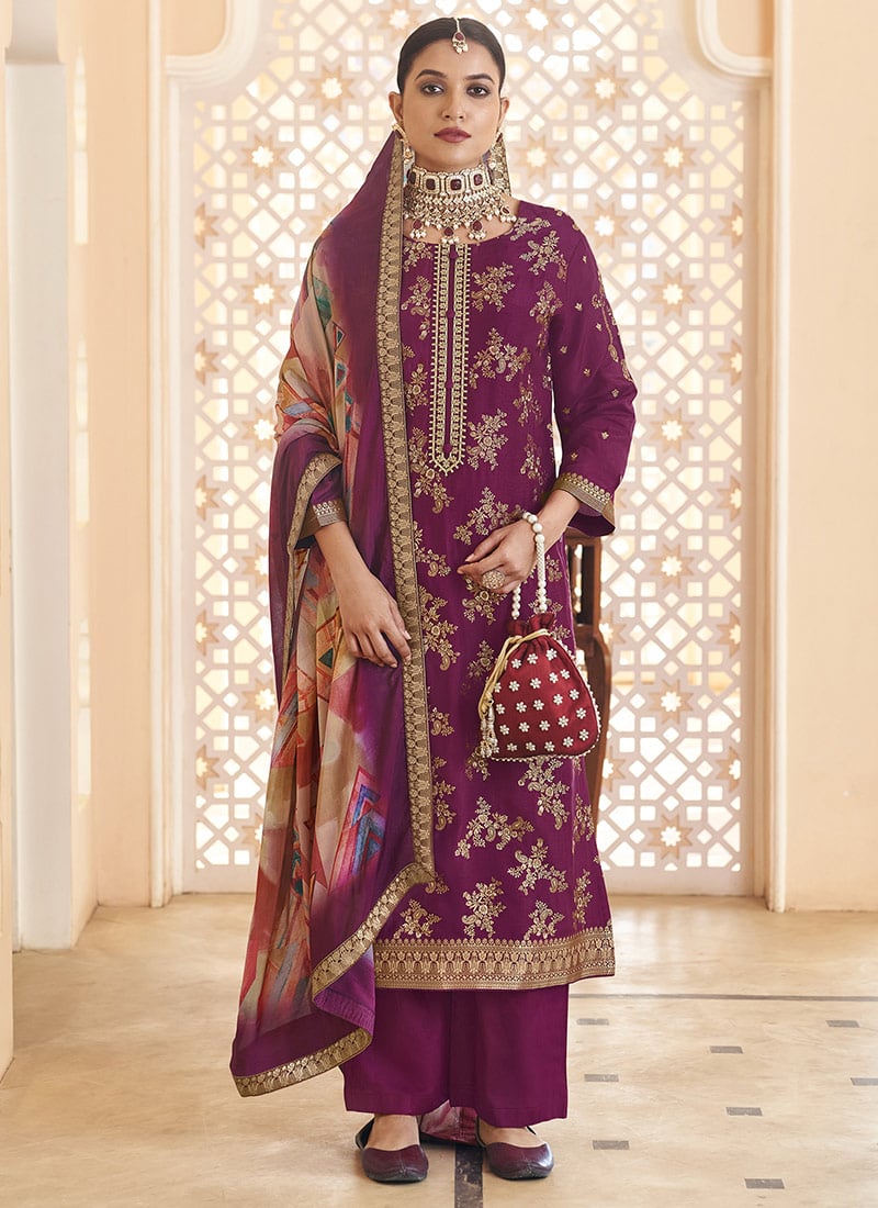 Purple Dola Silk Jacquard Embroidered Sequins Straight Pant Suit Festive Wear