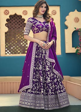 Purple Dola Silk Jacquard Sequins Embroidered Umbrella Lehenga
