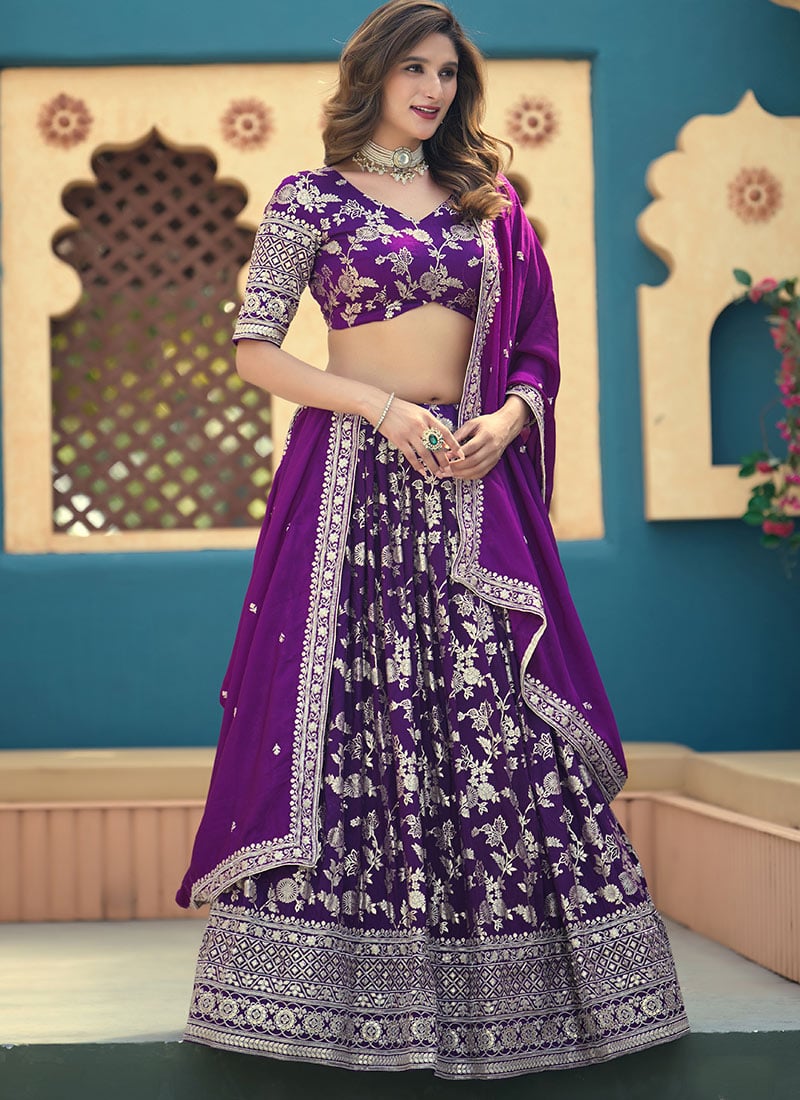 Purple Dola Silk Jacquard Sequins Embroidered Umbrella Lehenga Wedding Wear