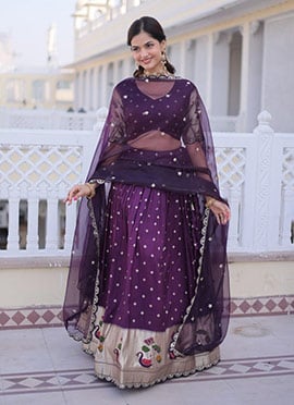 Purple Dola Silk Jacquard Woven Embroidered Sequins Lehenga