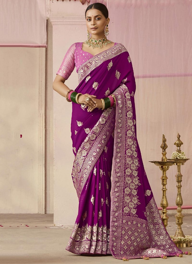Purple Dola Silk Jacquard Woven Saree Festive Wear