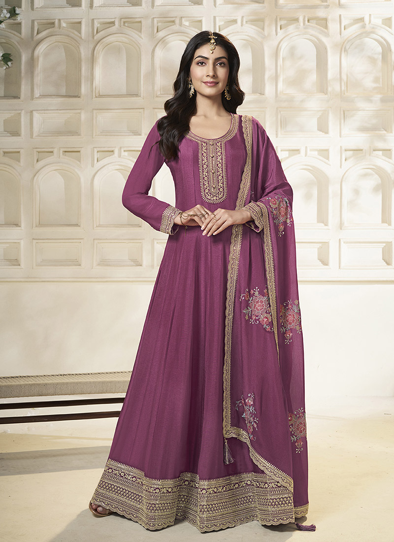 Purple Dola Silk Zari Embroidered Sequins Anarkali Suit Festive Wear