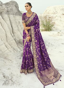 Purple Dola Viscose Silk Zari Embroidered Sequins With Moti Work Saree
