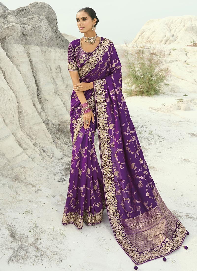Purple Dola Viscose Silk Zari Embroidered Sequins With Moti Work Saree