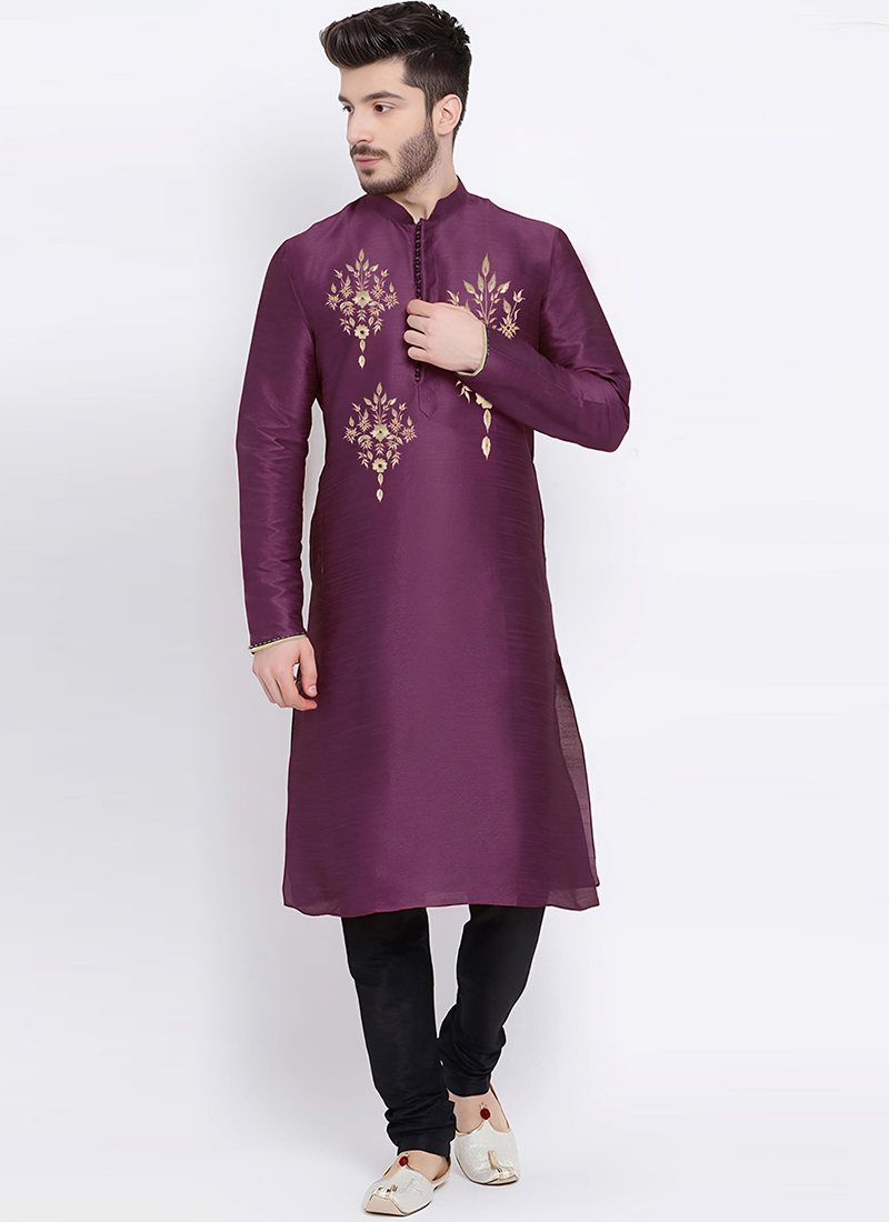 Purple Dupion Embroidered Kurta Pyjama Festive Wear
