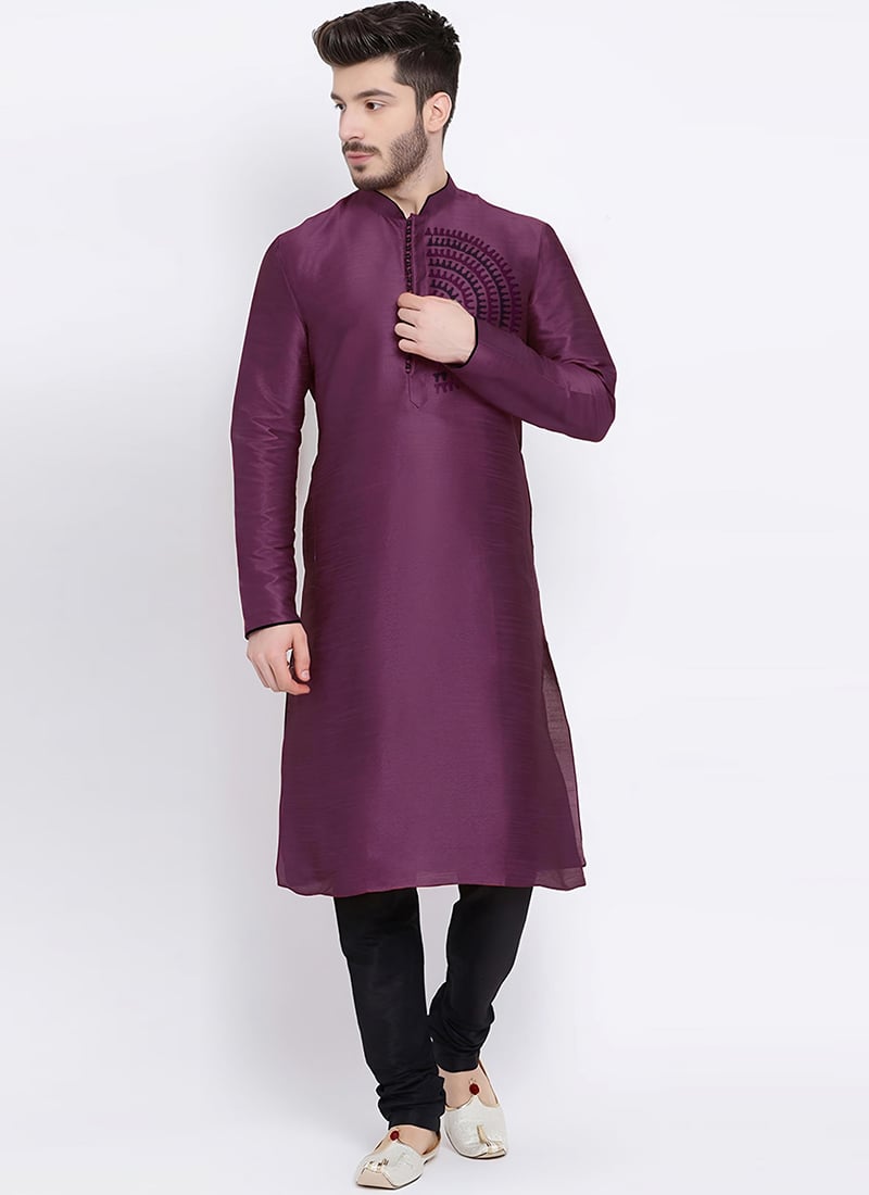 Purple Dupion Embroidered Kurta Pyjama Festive Wear