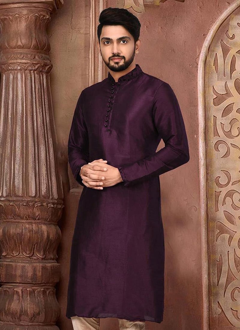 Purple Dupion Silk Embroidered Kurta