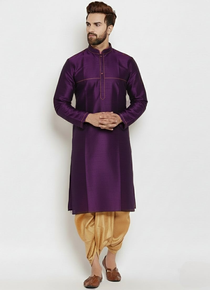 Purple Dupion Silk Embroidered Kurta Pyjama Festive Wear