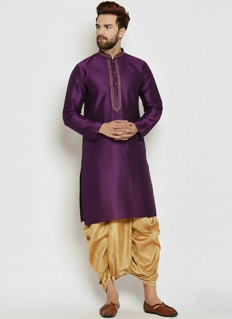 Purple Dupion Silk Embroidered Kurta Pyjama Festive Wear