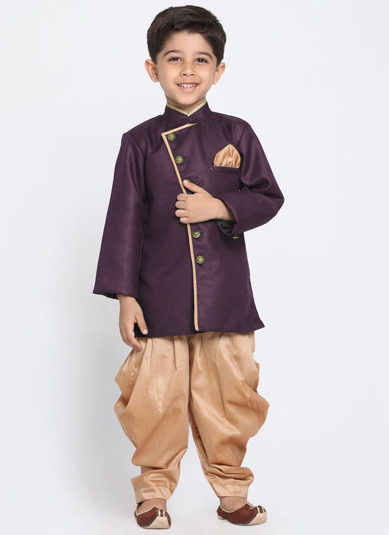 Dark Purple Dupion Silk Indowestern Sherwani Wedding Wear