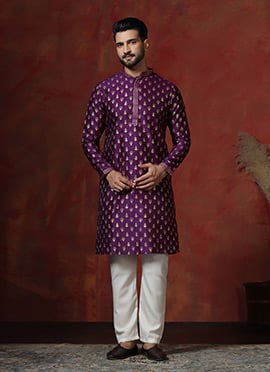 Purple Dupion Silk Printed Kurta Pyjama