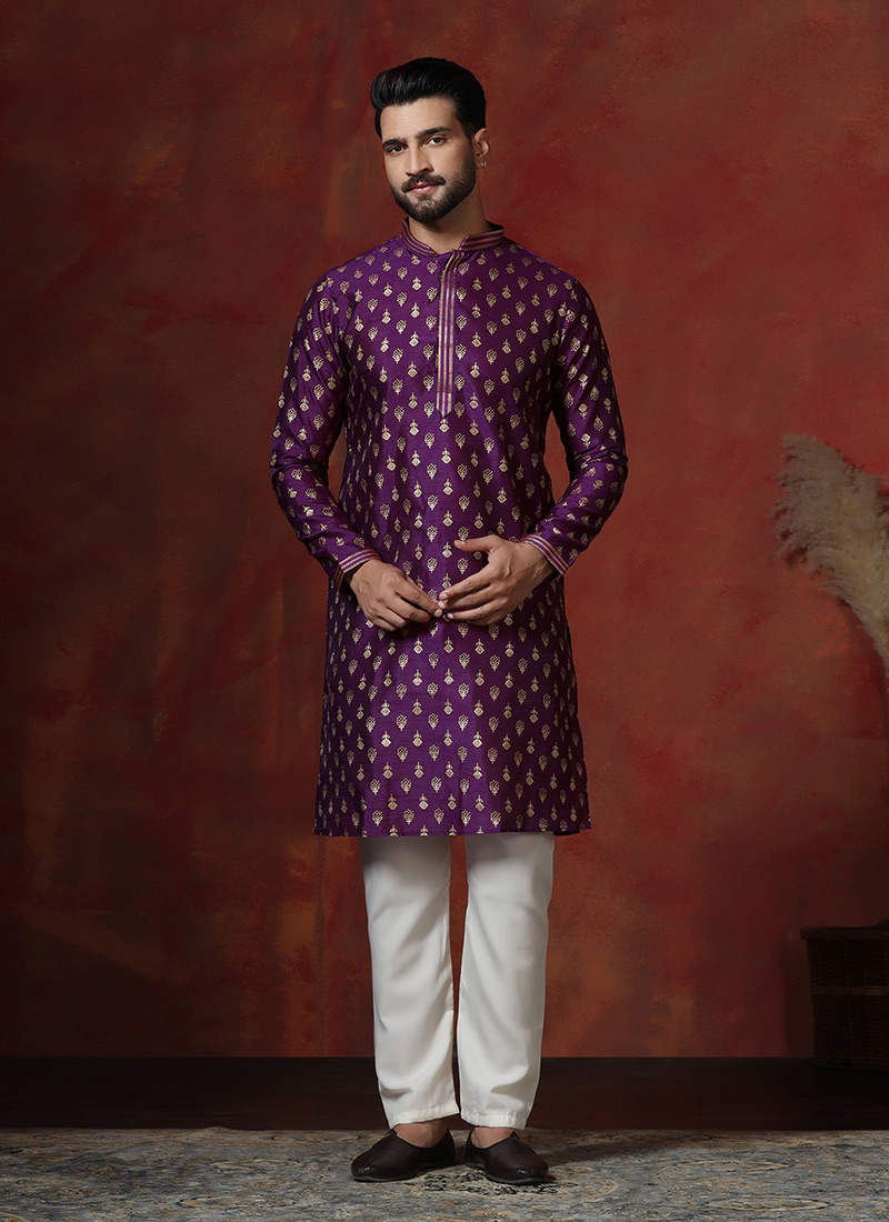 Purple Dupion Silk Printed Kurta Pyjama Festive Wear