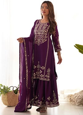 Purple Embroidered Sequins Silk  Palazzo Suit