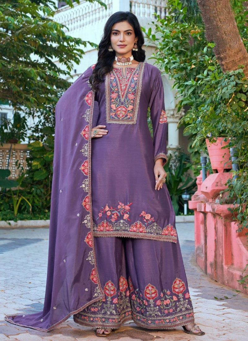 Purple Embroidered Sequins Silk Palazzo Suit Festive Wear