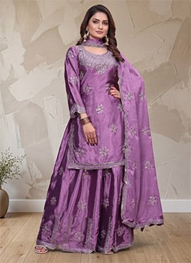 Purple Embroidered Sequins Silk Palazzo Suit
