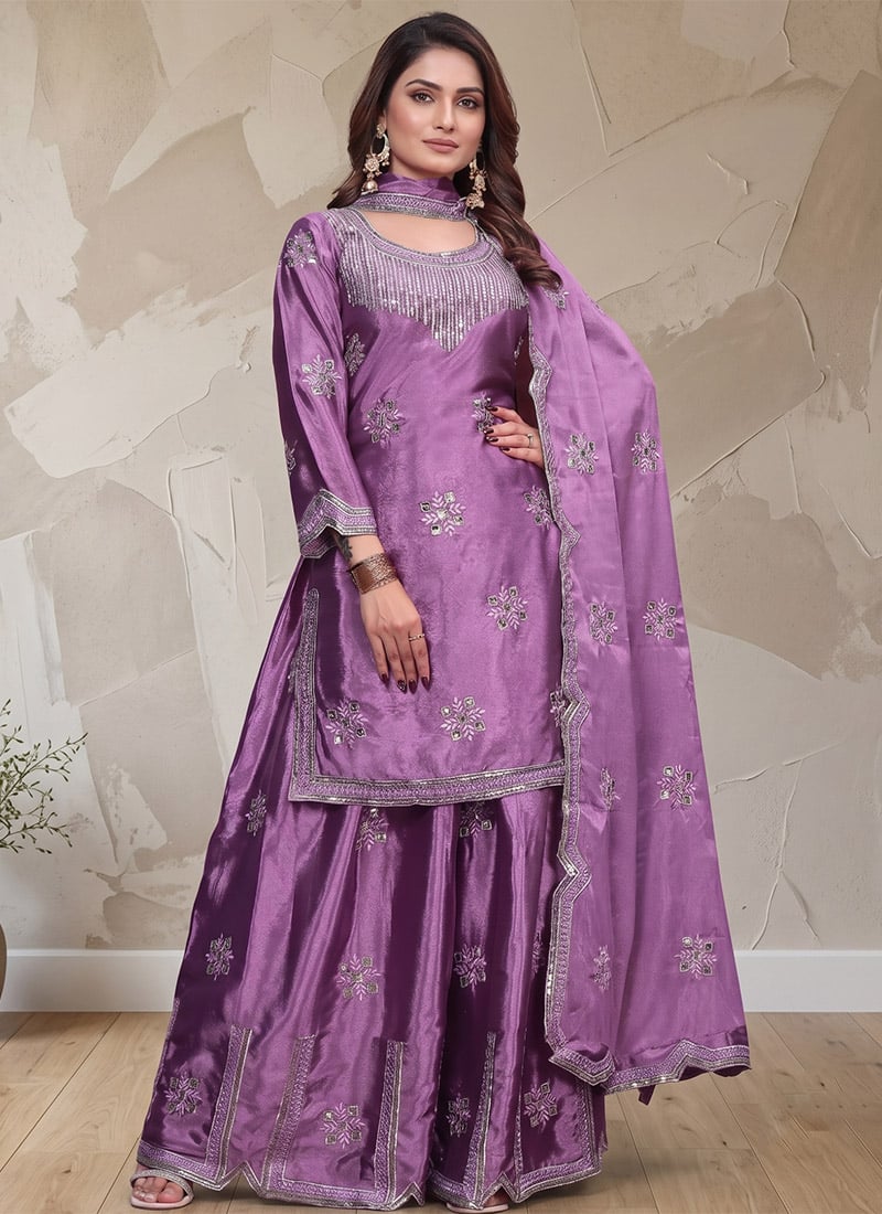 Purple Embroidered Sequins Silk Palazzo Suit Festive Wear