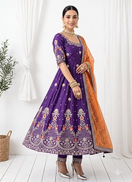 Purple Embroidered Sequins Zari Silk Anarkali Suit