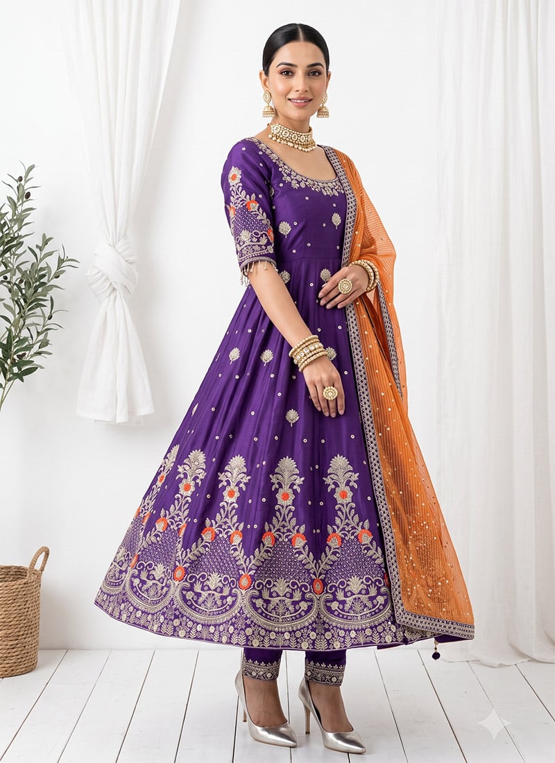 Purple Embroidered Sequins Zari Silk Anarkali Suit Festive Wear