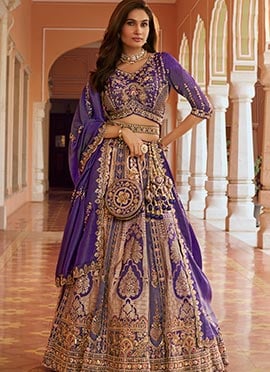Purple Embroidered Zari Sequins With Stone Work Banarasi Silk Lehenga
