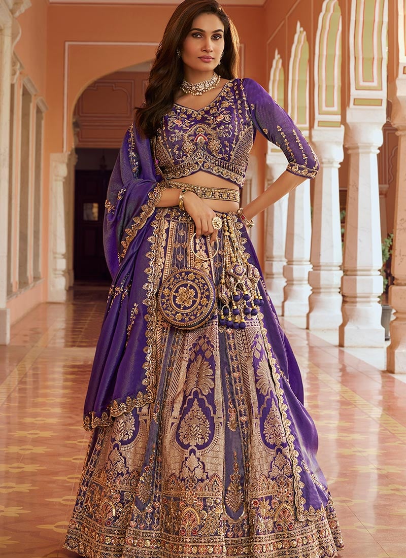 Purple Embroidered Zari Sequins With Stone Work Banarasi Silk Lehenga Wedding Wear