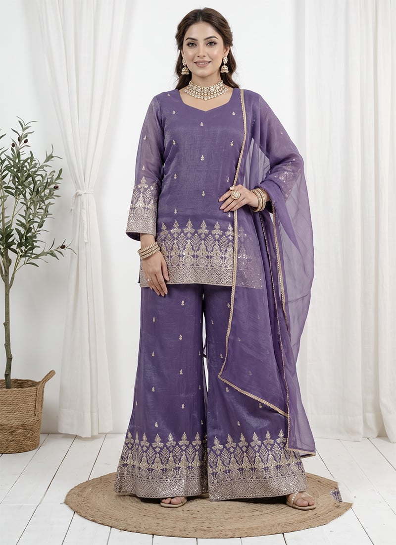 Purple Embroidered Zari Silk Palazzo Suit Festive Wear
