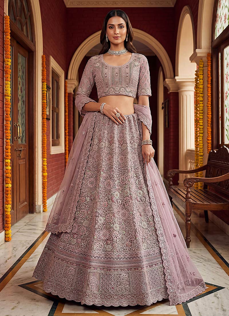 Purple Fancy Net Zari Embroidered Sequins Lehenga Wedding Wear