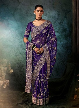 Purple Fancy Silk Zari Embroidered Sequins Stones Saree