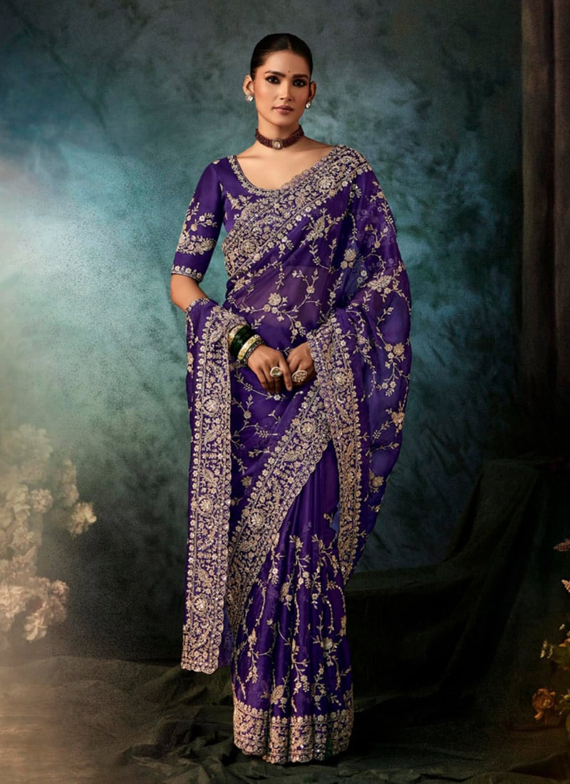 Purple Fancy Silk Zari Embroidered Sequins Stones Saree