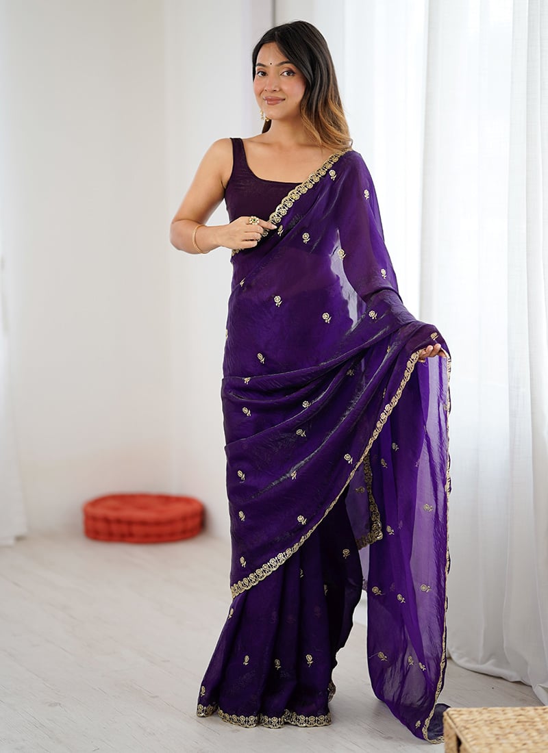 Purple Fandy Satin Embroidered Sequins Two Tone Saree After Six Wear