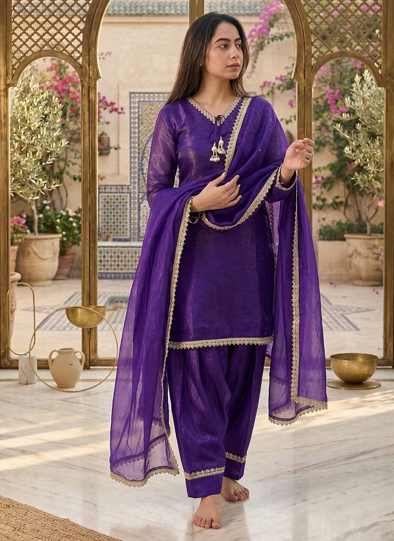 Purple Fandy Satin Mirror And Moti Embellished Salwar Suit After Six Wear