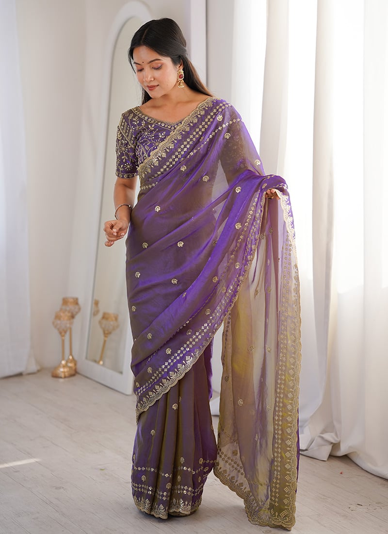 Purple Fandy Silk Embroidered Sequins Saree Festive Wear