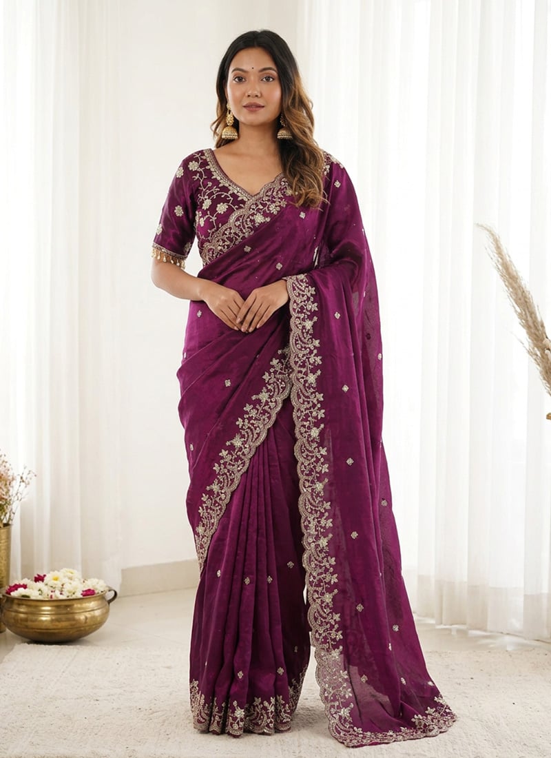 Purple Fandy Silk Embroidered Sequins Saree Festive Wear