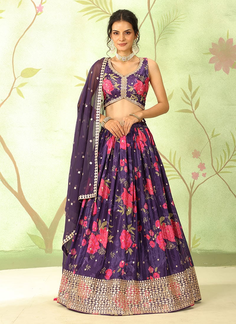 Purple Faux Chiffon Floral Digital Print Zari Embroidered Lehenga Wedding Wear