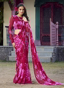Rani Pink Faux Chiffon Floral Printed Saree With Pearl Lace Work After Six Wear