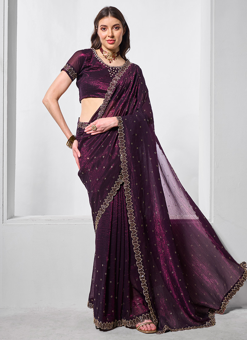 Purple Faux Chiffon Stone Work Saree Festive Wear