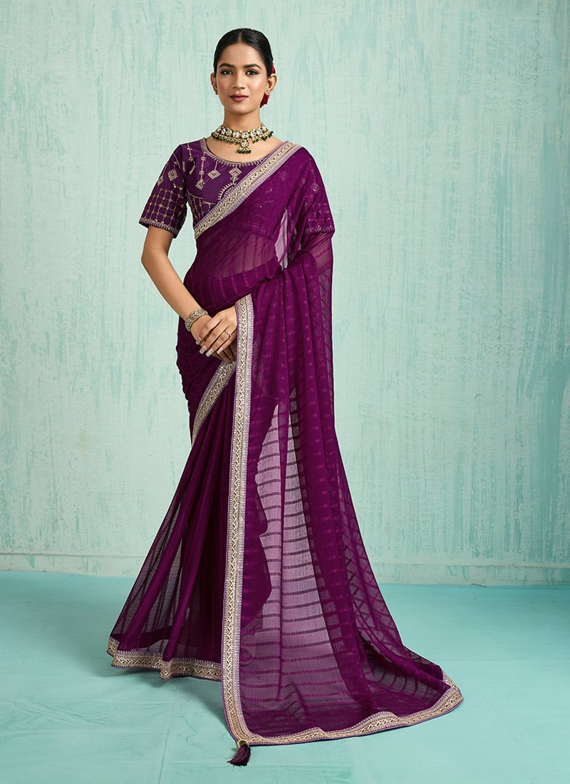 Purple Faux Chiffon Zari Embroidered Sequins Saree Festive Wear