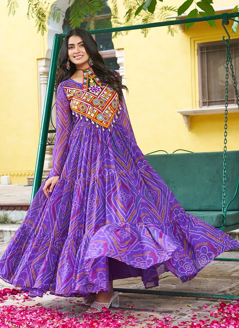 Purple Faux Georgette Anarkali Gown With Bandhani Print and Kutch Work