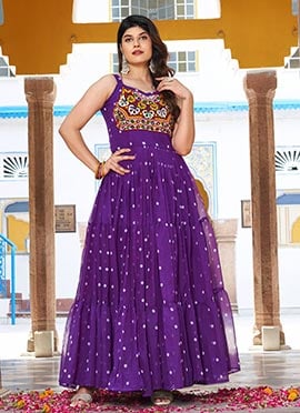 Purple Faux Georgette Anarkali Gown With Bandhini Print Festive Wear