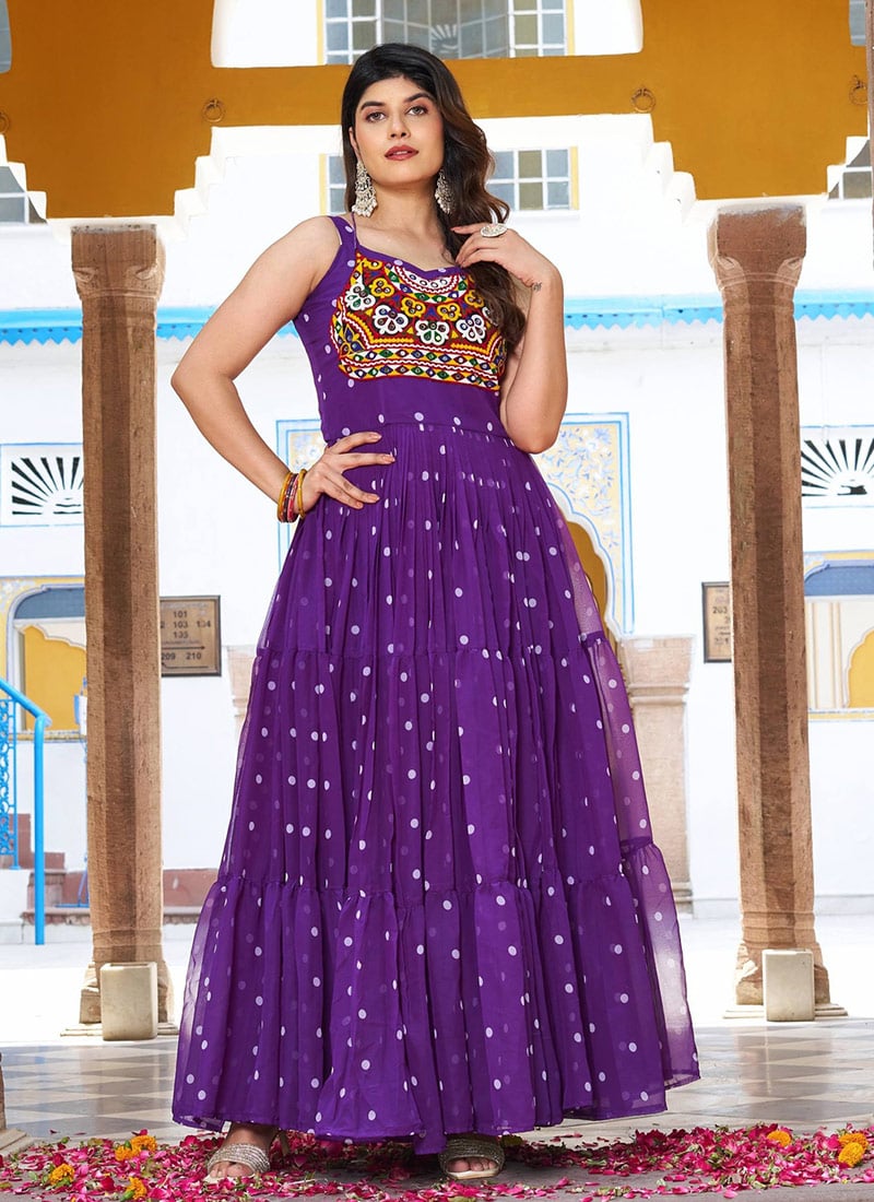 Purple Faux Georgette Anarkali Gown With Bandhini Print Festive Wear