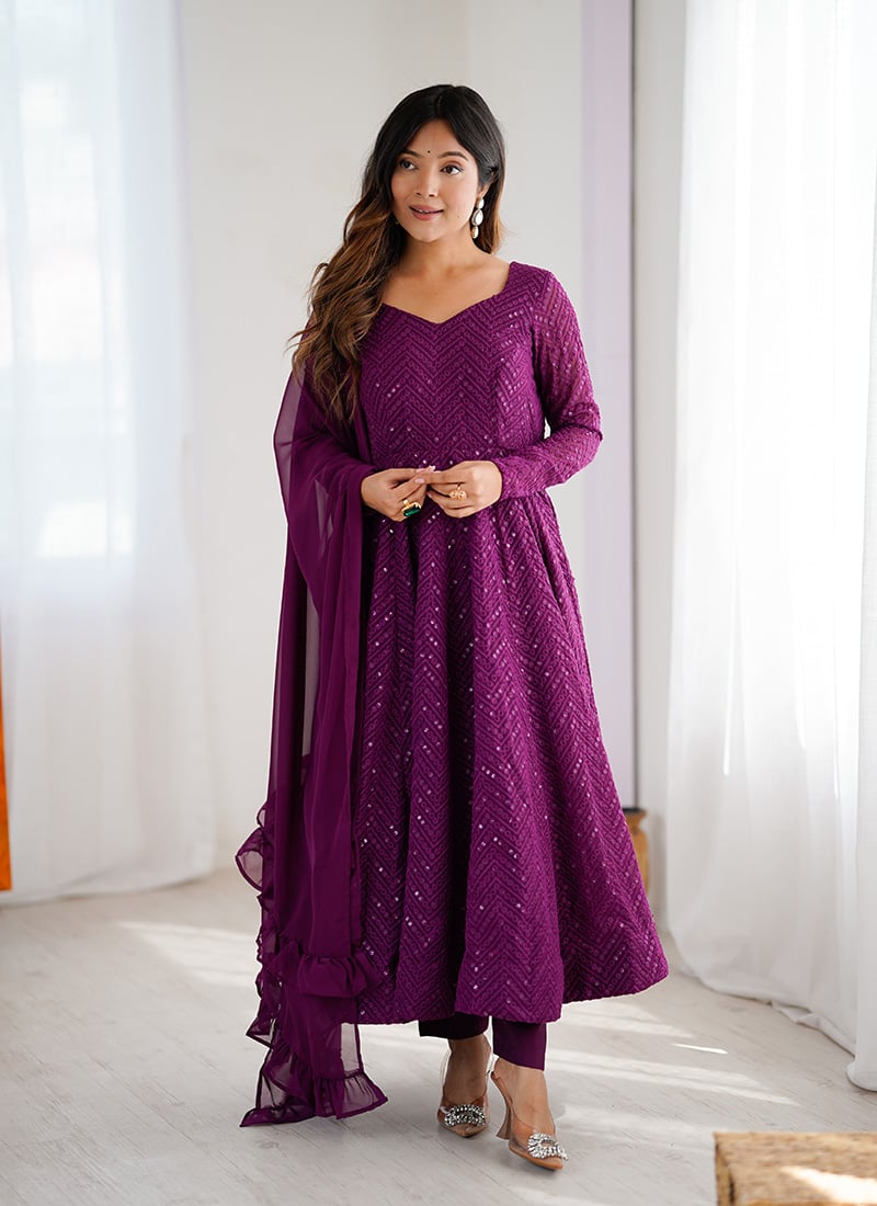 Purple Faux Georgette Anarkali Suit With Sequins And Thread Embroidery Work After Six Wear