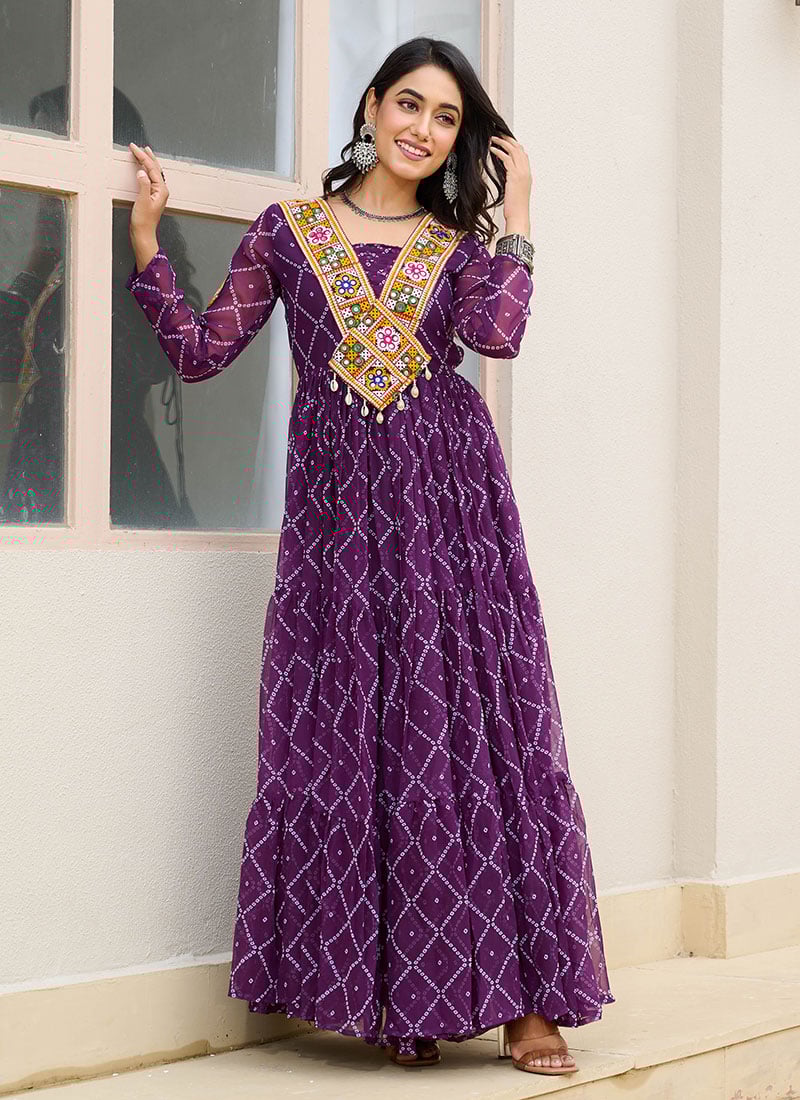 Purple Faux Georgette Bandhani Print With Kutch Patch Work Gown Festive Wear