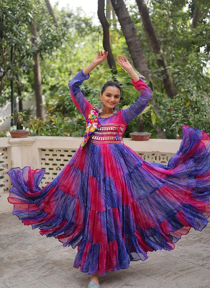 Purple Faux Georgette Bandhini Print Kutch And Mirror Work Gown