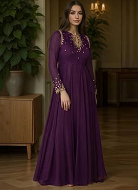 Purple Faux Georgette Beads And Hand Embroidered And Sequins Anarkali Suit