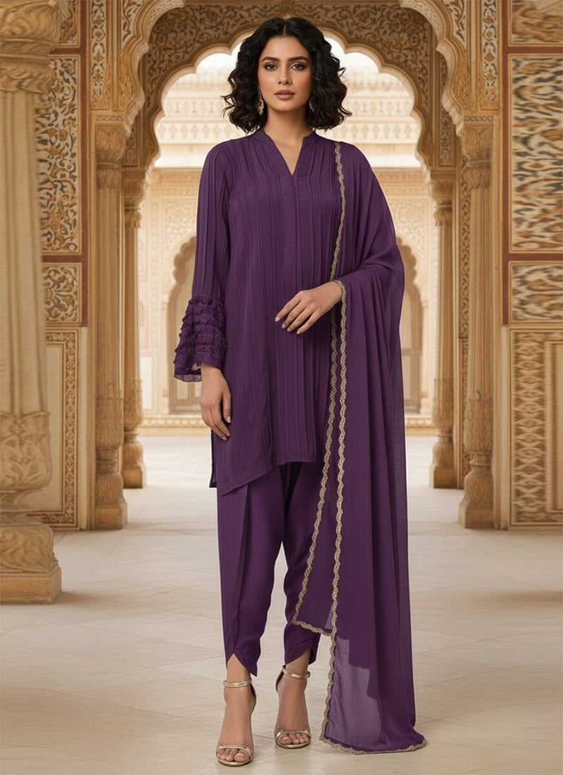 Purple Faux Georgette Dhoti Style Salwar Suit Festive Wear