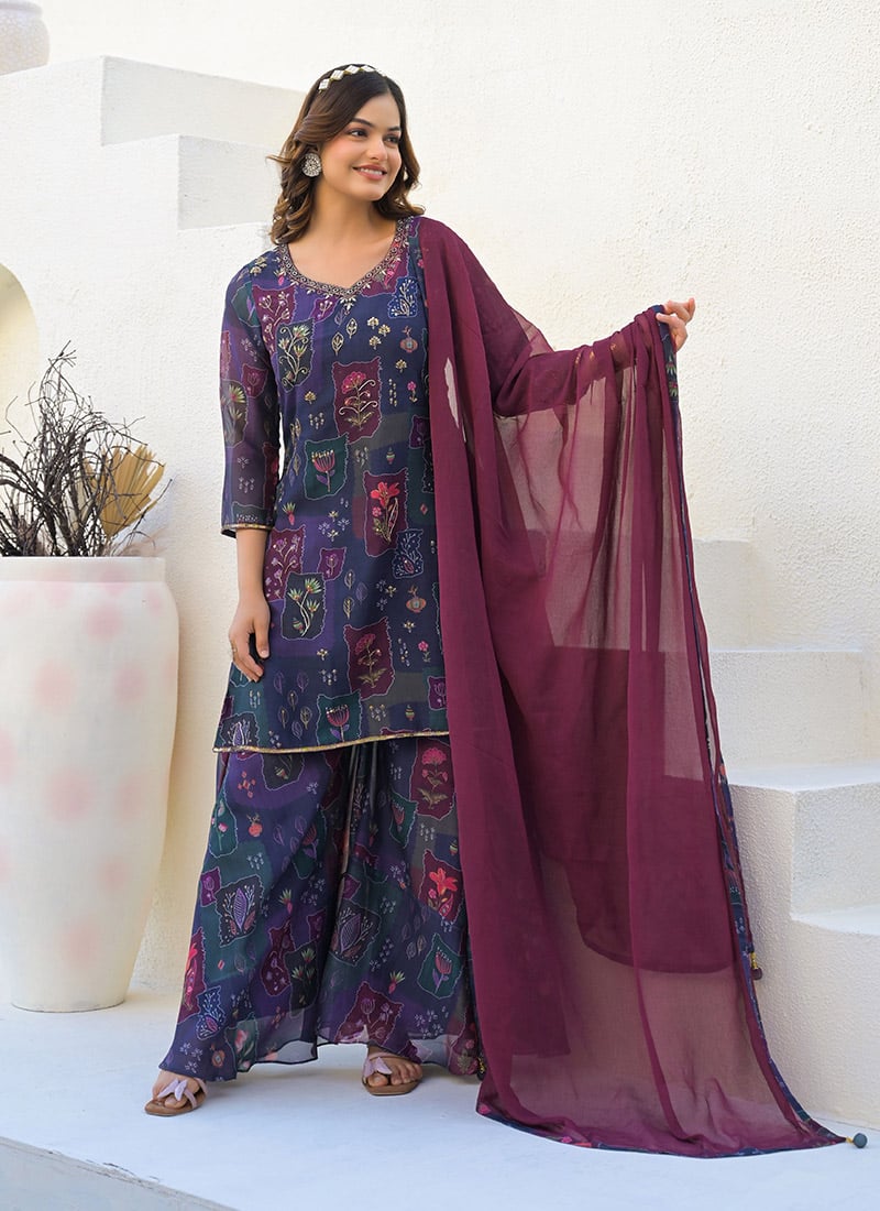Purple Faux Georgette Digital Print Hand Embroidered Palazzo Suit Festive Wear