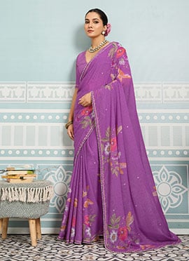 Purple Faux Georgette Digital Print Saree