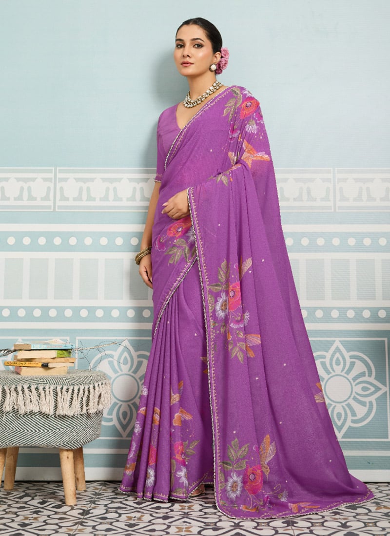 Purple Faux Georgette Digital Print Saree