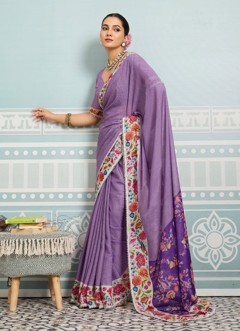 Purple Faux Georgette Digital Print Saree After Six Wear