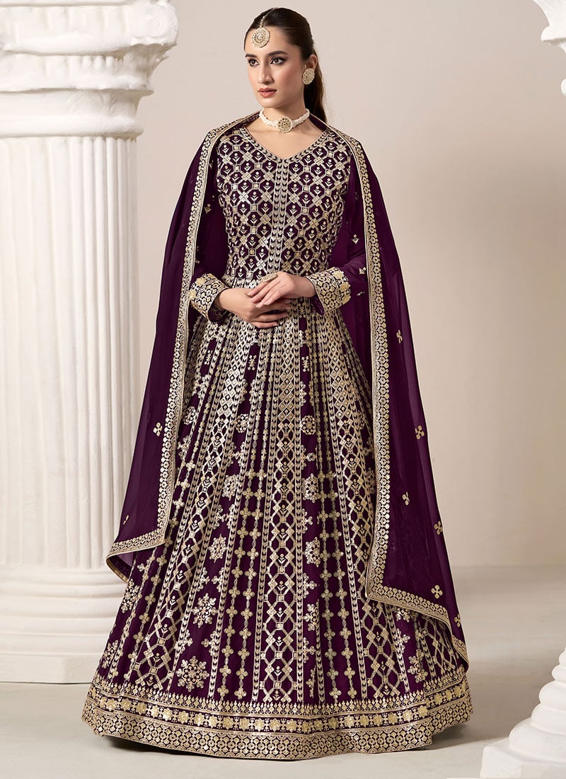 Purple Faux Georgette Embroidered Anarkali Suit Festive Wear